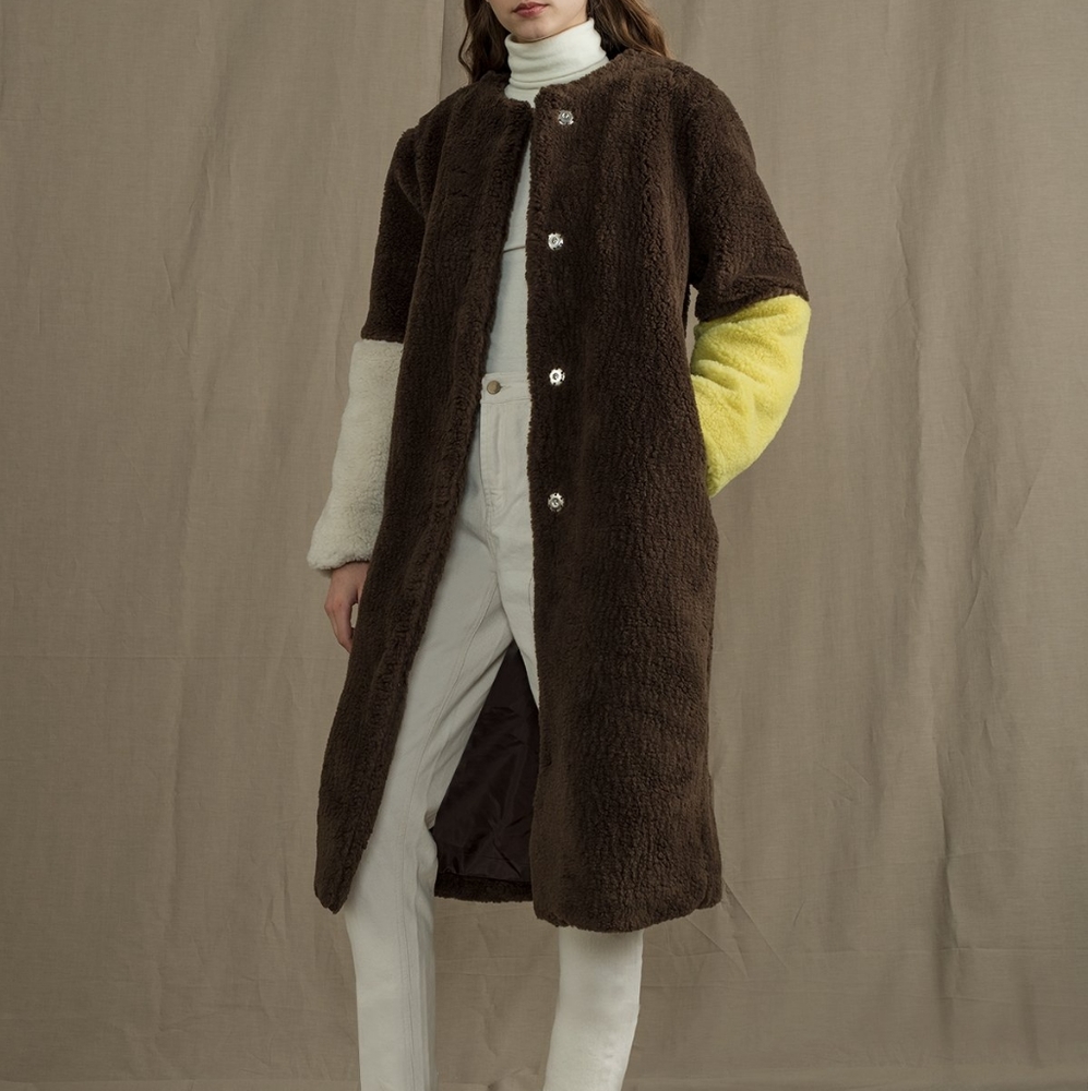 Midel Teddy Faux Fur Coat with Color Block Sleeves